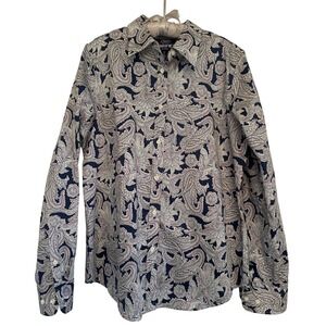 Chaps No Iron Button Up 100% Cotton Shirt Blouse Womens Sz M Blue Paisley Travel